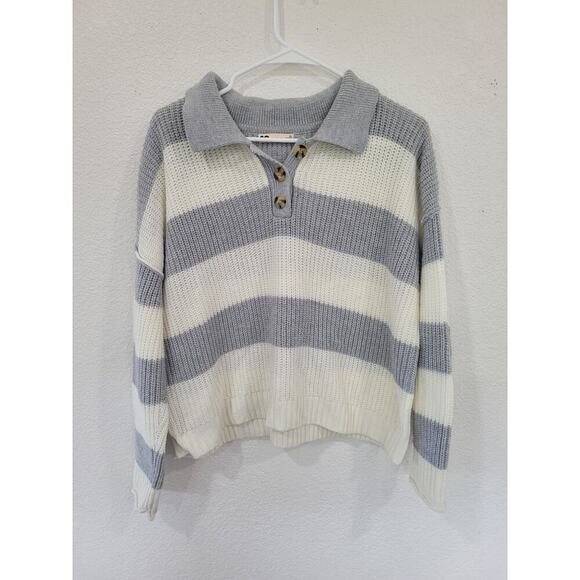 So Women's Striped Collared Sweater Gray / Cream Size XL Super Soft #14 - Picture 1 of 5